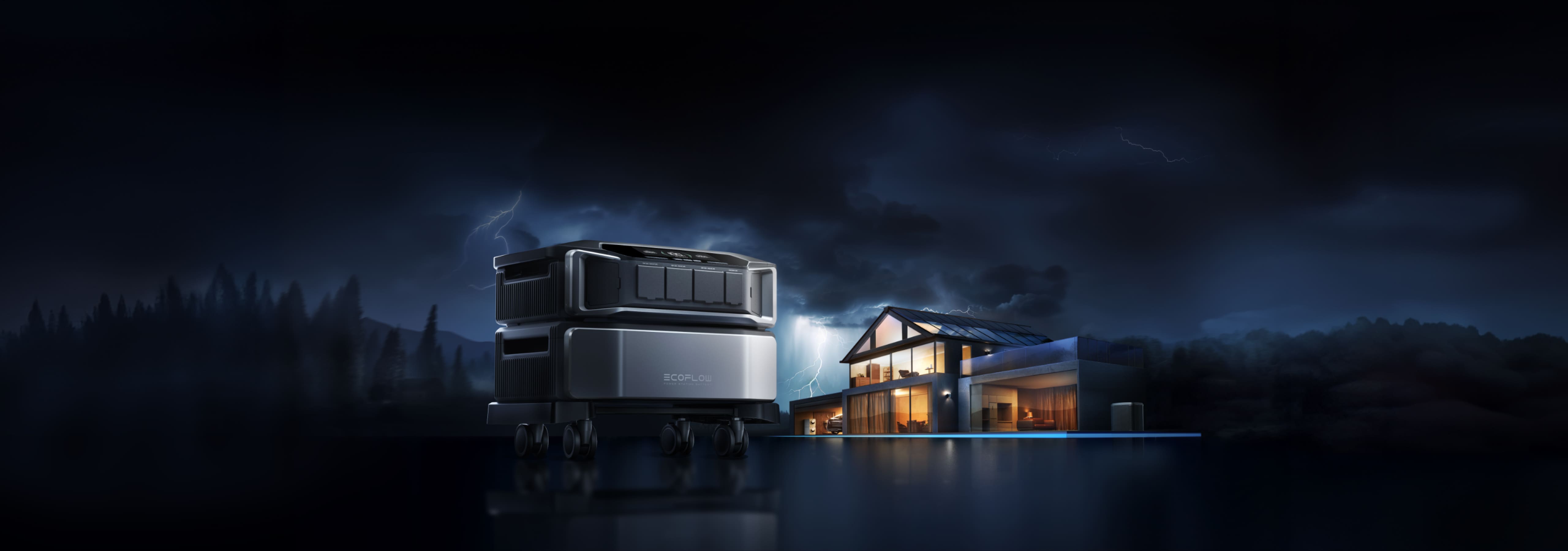 Imagen de fabricante: EcoFlow DELTA Pro Ultra junto a una casa durante una tormenta